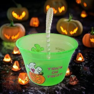 Vintage Halloween Bucket Pail Trick or Treat Ghost Translucent Neon Green 1990s.